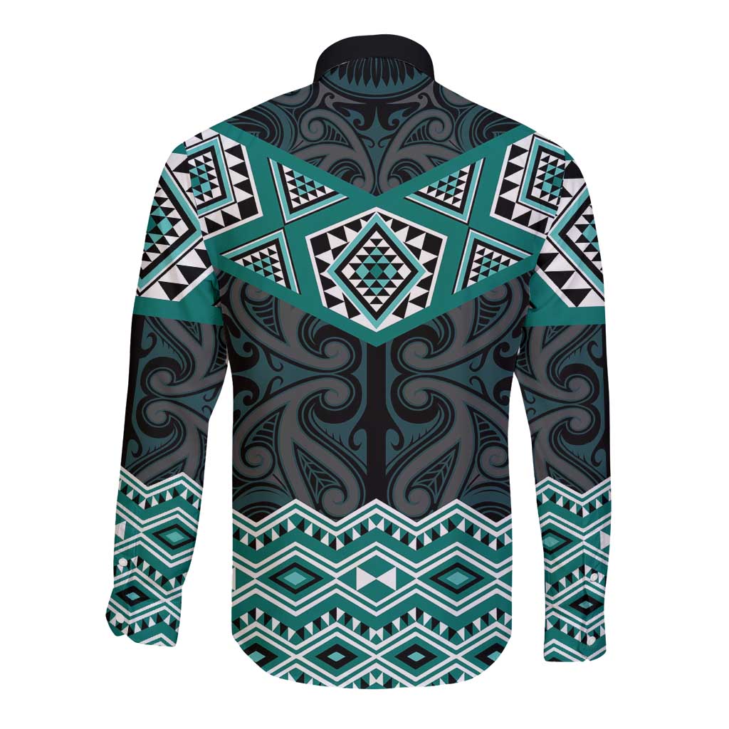 New Zealand Aotearoa Long Sleeve Button Shirt Turquoise Taniko Art Maori Pattern LT05 - Polynesian Pride