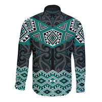 New Zealand Aotearoa Long Sleeve Button Shirt Turquoise Taniko Art Maori Pattern LT05 - Polynesian Pride