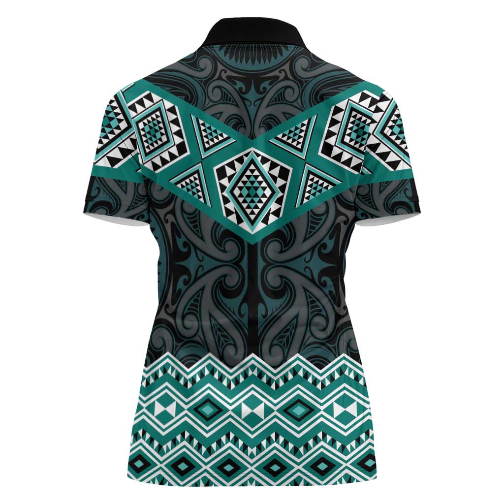 New Zealand Aotearoa Women Polo Shirt Turquoise Taniko Art Maori Pattern