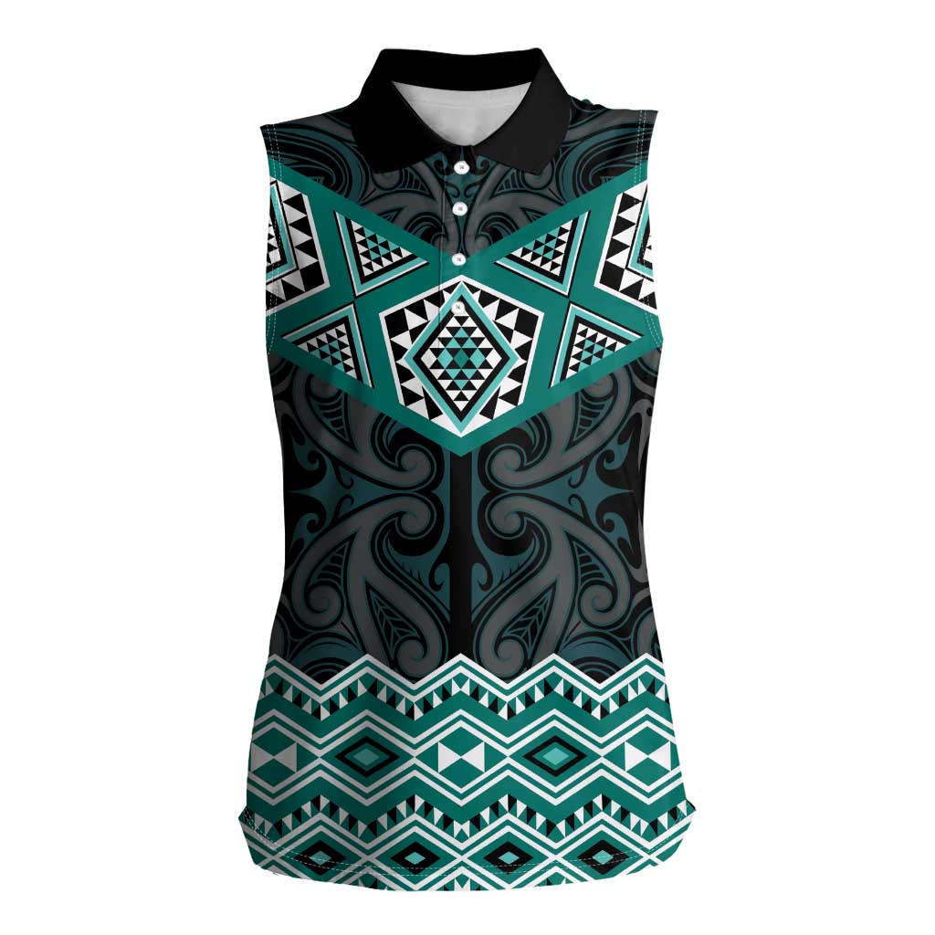 New Zealand Aotearoa Women Sleeveless Polo Shirt Turquoise Taniko Art Maori Pattern LT05 Female Turquoise - Polynesian Pride