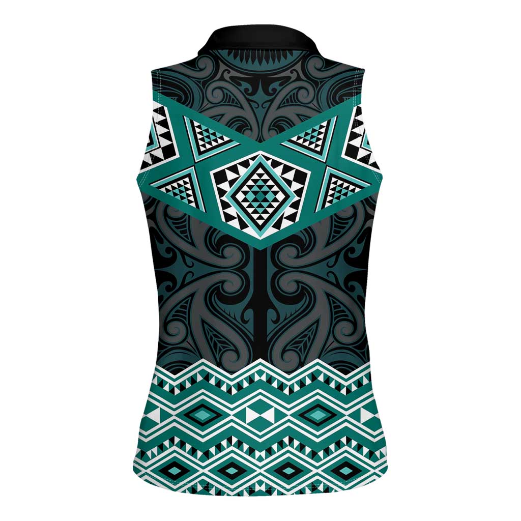 New Zealand Aotearoa Women Sleeveless Polo Shirt Turquoise Taniko Art Maori Pattern LT05 - Polynesian Pride