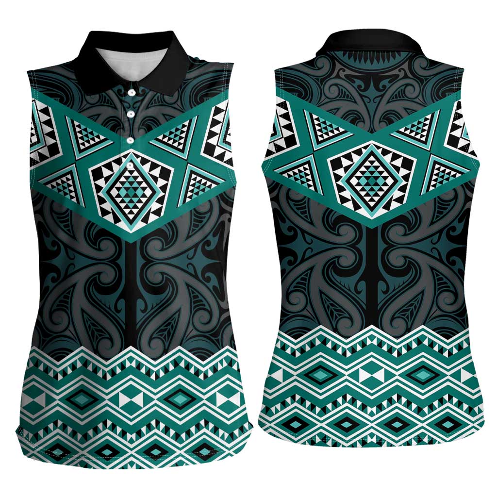 New Zealand Aotearoa Women Sleeveless Polo Shirt Turquoise Taniko Art Maori Pattern LT05 - Polynesian Pride