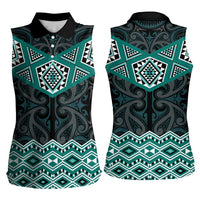 New Zealand Aotearoa Women Sleeveless Polo Shirt Turquoise Taniko Art Maori Pattern LT05 - Polynesian Pride