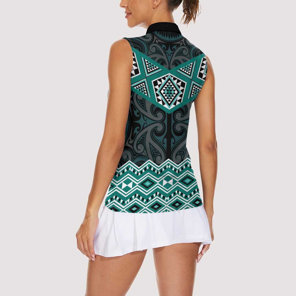 New Zealand Aotearoa Women Sleeveless Polo Shirt Turquoise Taniko Art Maori Pattern LT05 - Polynesian Pride