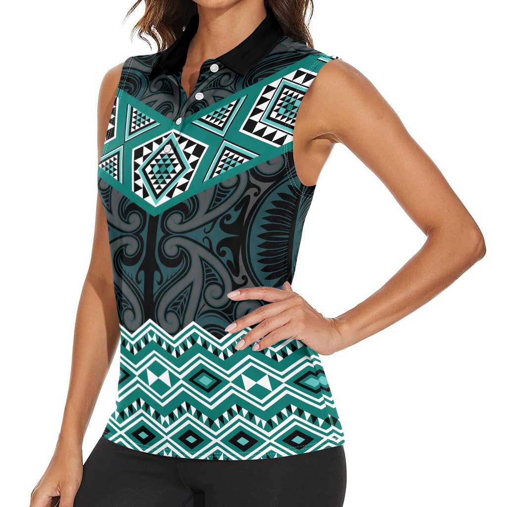 New Zealand Aotearoa Women Sleeveless Polo Shirt Turquoise Taniko Art Maori Pattern LT05 - Polynesian Pride