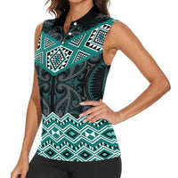 New Zealand Aotearoa Women Sleeveless Polo Shirt Turquoise Taniko Art Maori Pattern LT05 - Polynesian Pride
