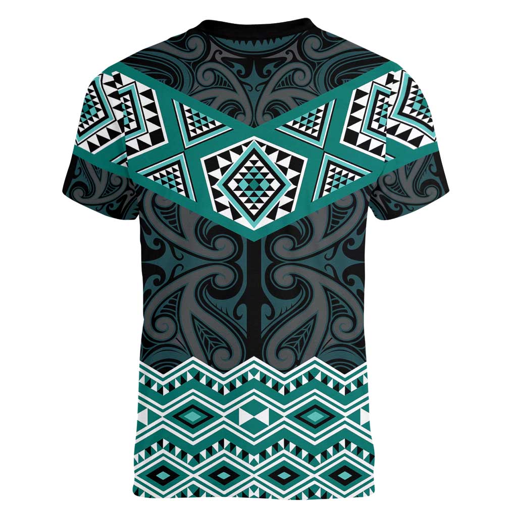 New Zealand Aotearoa Women V-Neck T-Shirt Turquoise Taniko Art Maori Pattern LT05 - Polynesian Pride