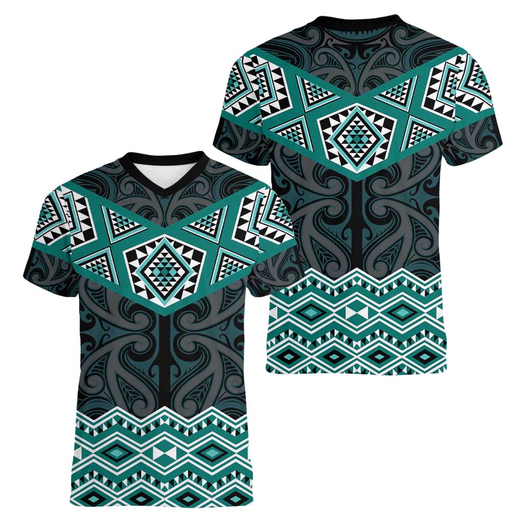 New Zealand Aotearoa Women V-Neck T-Shirt Turquoise Taniko Art Maori Pattern LT05 - Polynesian Pride