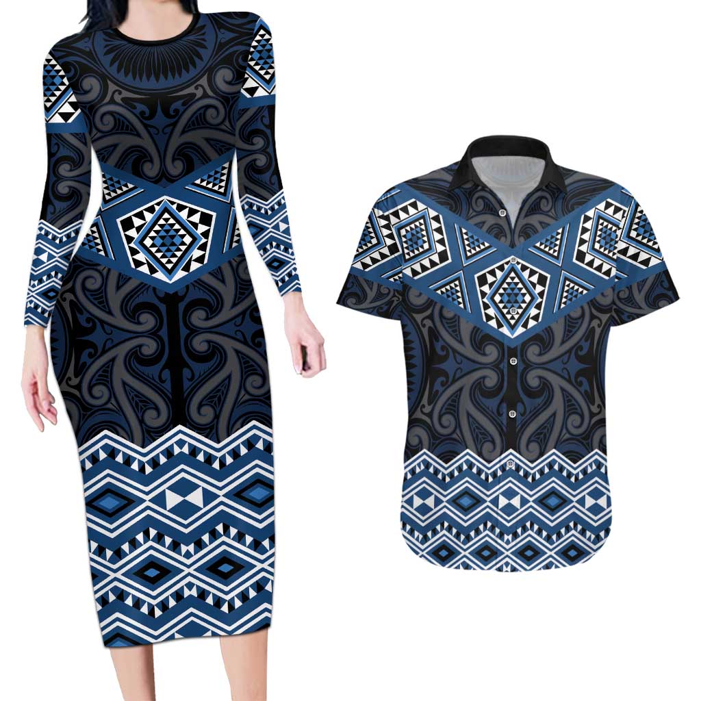 New Zealand Aotearoa Couples Matching Long Sleeve Bodycon Dress and Hawaiian Shirt Blue Taniko Art Maori Pattern LT05 Blue - Polynesian Pride