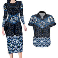 New Zealand Aotearoa Couples Matching Long Sleeve Bodycon Dress and Hawaiian Shirt Blue Taniko Art Maori Pattern LT05 Blue - Polynesian Pride