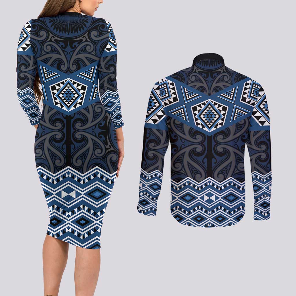 New Zealand Aotearoa Couples Matching Long Sleeve Bodycon Dress and Long Sleeve Button Shirt Blue Taniko Art Maori Pattern LT05 - Polynesian Pride