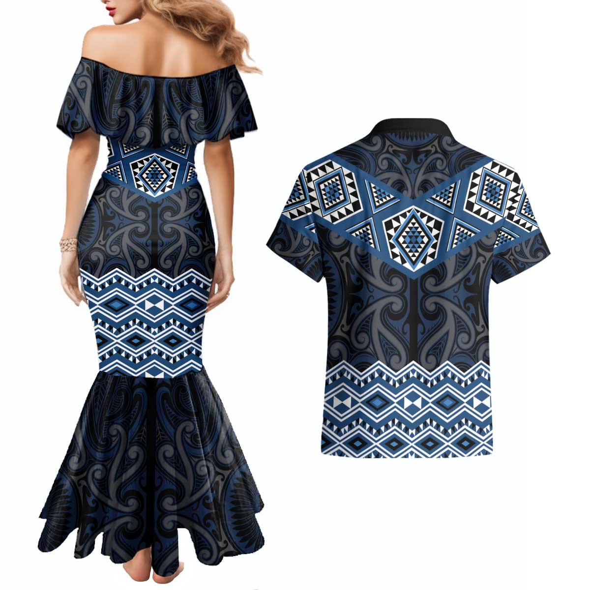 New Zealand Aotearoa Couples Matching Mermaid Dress and Hawaiian Shirt Blue Taniko Art Maori Pattern LT05 - Polynesian Pride