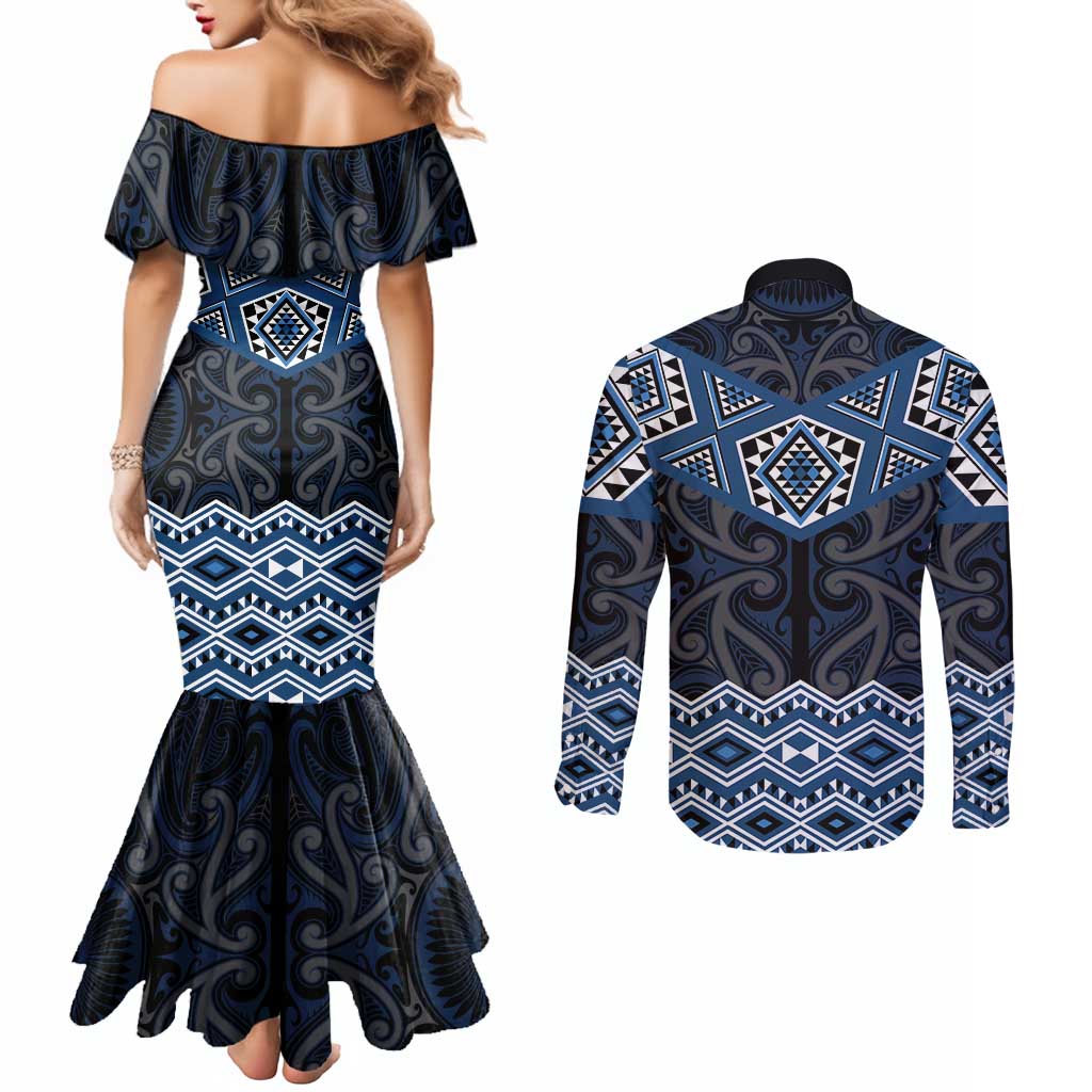 New Zealand Aotearoa Couples Matching Mermaid Dress and Long Sleeve Button Shirt Blue Taniko Art Maori Pattern LT05 - Polynesian Pride