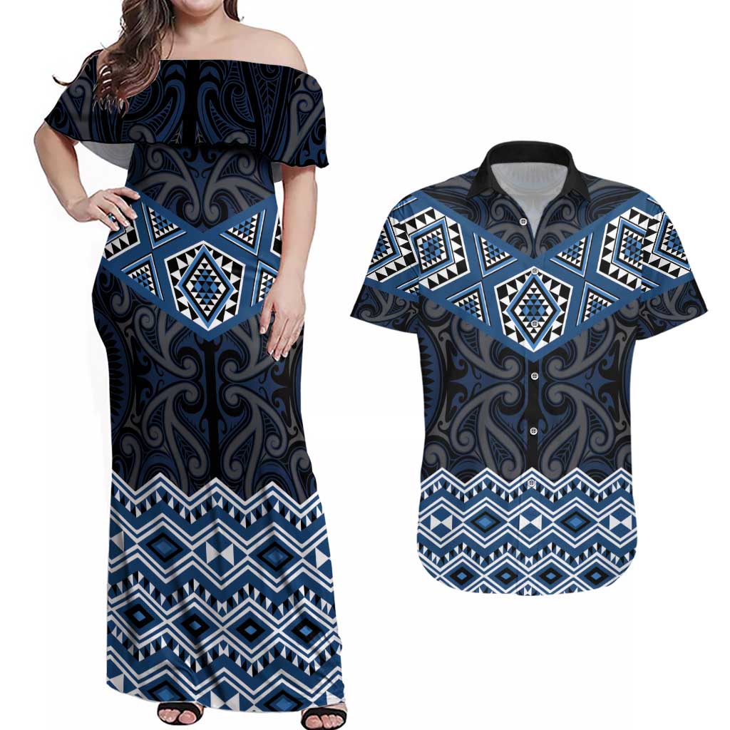 New Zealand Aotearoa Couples Matching Off Shoulder Maxi Dress and Hawaiian Shirt Blue Taniko Art Maori Pattern LT05 Blue - Polynesian Pride