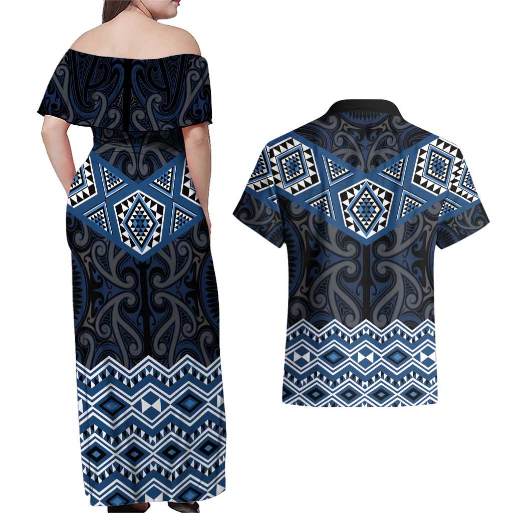 New Zealand Aotearoa Couples Matching Off Shoulder Maxi Dress and Hawaiian Shirt Blue Taniko Art Maori Pattern LT05 - Polynesian Pride