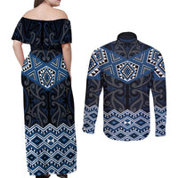 New Zealand Aotearoa Couples Matching Off Shoulder Maxi Dress and Long Sleeve Button Shirt Blue Taniko Art Maori Pattern LT05 - Polynesian Pride