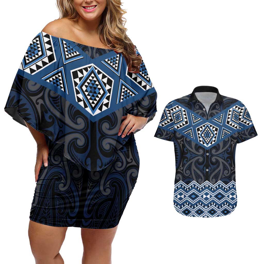 New Zealand Aotearoa Couples Matching Off Shoulder Short Dress and Hawaiian Shirt Blue Taniko Art Maori Pattern LT05 Blue - Polynesian Pride