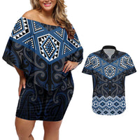 New Zealand Aotearoa Couples Matching Off Shoulder Short Dress and Hawaiian Shirt Blue Taniko Art Maori Pattern LT05 Blue - Polynesian Pride