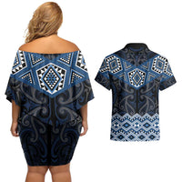 New Zealand Aotearoa Couples Matching Off Shoulder Short Dress and Hawaiian Shirt Blue Taniko Art Maori Pattern LT05 - Polynesian Pride