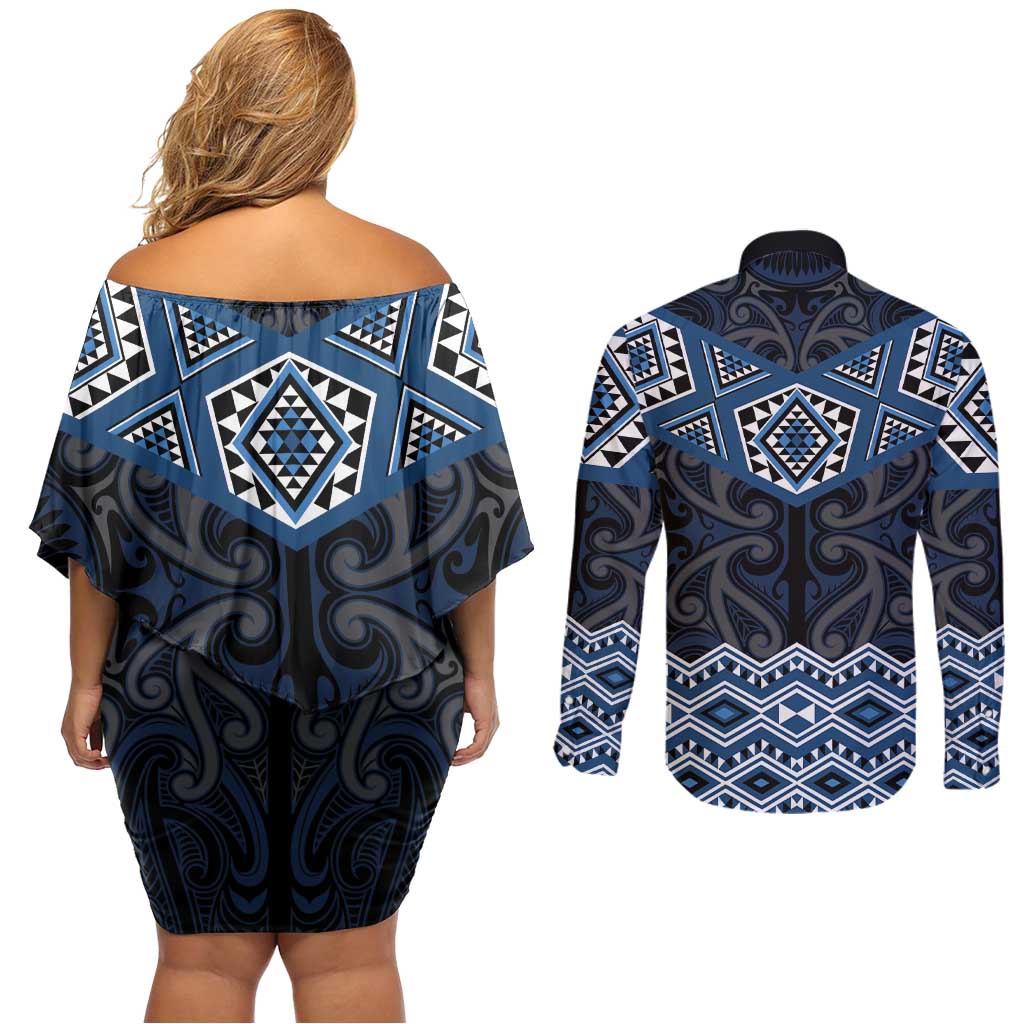 New Zealand Aotearoa Couples Matching Off Shoulder Short Dress and Long Sleeve Button Shirt Blue Taniko Art Maori Pattern LT05 - Polynesian Pride