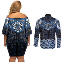 New Zealand Aotearoa Couples Matching Off Shoulder Short Dress and Long Sleeve Button Shirt Blue Taniko Art Maori Pattern LT05 - Polynesian Pride