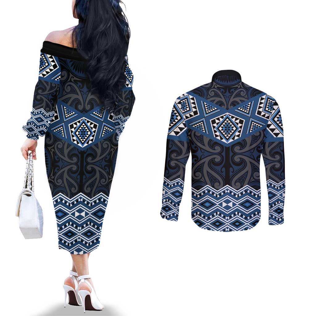 New Zealand Aotearoa Couples Matching Off The Shoulder Long Sleeve Dress and Long Sleeve Button Shirt Blue Taniko Art Maori Pattern LT05 - Polynesian Pride