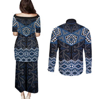 New Zealand Aotearoa Couples Matching Puletasi and Long Sleeve Button Shirt Blue Taniko Art Maori Pattern
