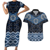New Zealand Aotearoa Couples Matching Short Sleeve Bodycon Dress and Hawaiian Shirt Blue Taniko Art Maori Pattern LT05 Blue - Polynesian Pride