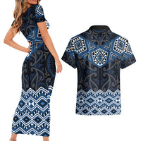 New Zealand Aotearoa Couples Matching Short Sleeve Bodycon Dress and Hawaiian Shirt Blue Taniko Art Maori Pattern LT05 - Polynesian Pride