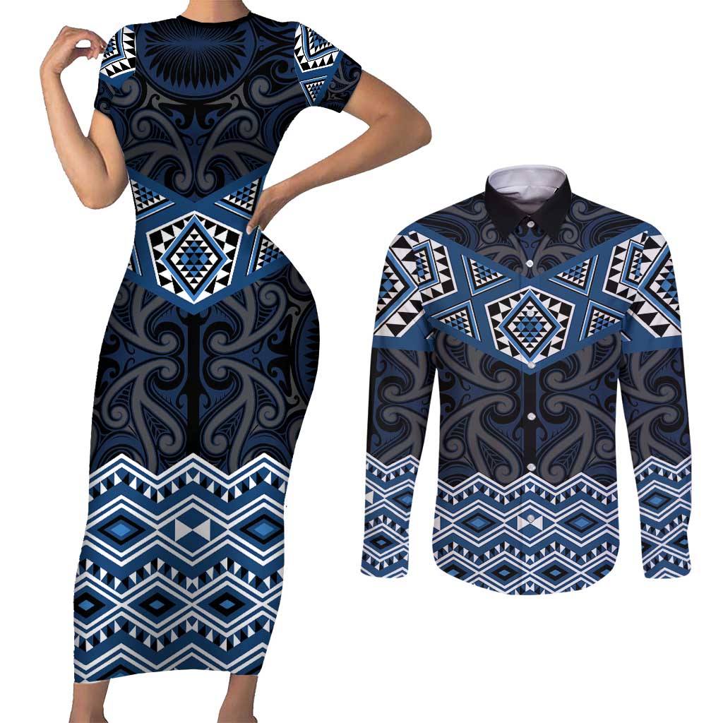 New Zealand Aotearoa Couples Matching Short Sleeve Bodycon Dress and Long Sleeve Button Shirt Blue Taniko Art Maori Pattern LT05 Blue - Polynesian Pride