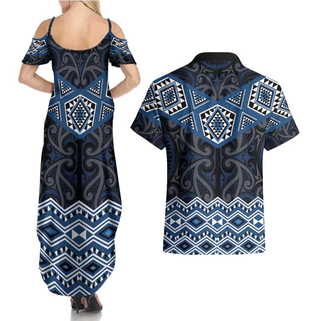 New Zealand Aotearoa Couples Matching Summer Maxi Dress and Hawaiian Shirt Blue Taniko Art Maori Pattern LT05 - Polynesian Pride