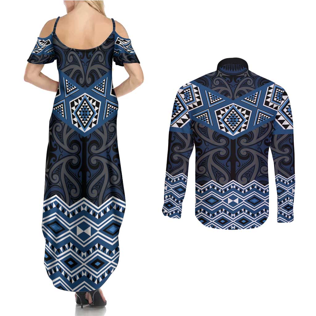 New Zealand Aotearoa Couples Matching Summer Maxi Dress and Long Sleeve Button Shirt Blue Taniko Art Maori Pattern LT05 - Polynesian Pride