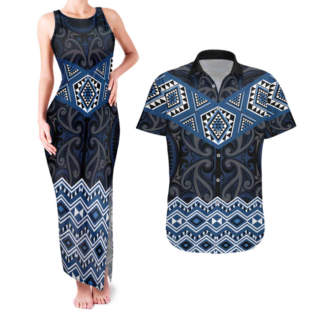 New Zealand Aotearoa Couples Matching Tank Maxi Dress and Hawaiian Shirt Blue Taniko Art Maori Pattern LT05 Blue - Polynesian Pride