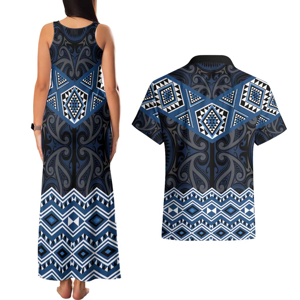 New Zealand Aotearoa Couples Matching Tank Maxi Dress and Hawaiian Shirt Blue Taniko Art Maori Pattern LT05 - Polynesian Pride