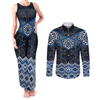 New Zealand Aotearoa Couples Matching Tank Maxi Dress and Long Sleeve Button Shirt Blue Taniko Art Maori Pattern LT05 Blue - Polynesian Pride