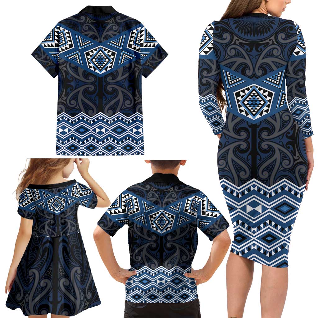 New Zealand Aotearoa Family Matching Long Sleeve Bodycon Dress and Hawaiian Shirt Blue Taniko Art Maori Pattern LT05 - Polynesian Pride
