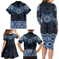 New Zealand Aotearoa Family Matching Long Sleeve Bodycon Dress and Hawaiian Shirt Blue Taniko Art Maori Pattern LT05 - Polynesian Pride