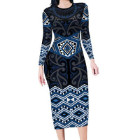New Zealand Aotearoa Family Matching Long Sleeve Bodycon Dress and Hawaiian Shirt Blue Taniko Art Maori Pattern LT05 Mom's Dress Blue - Polynesian Pride