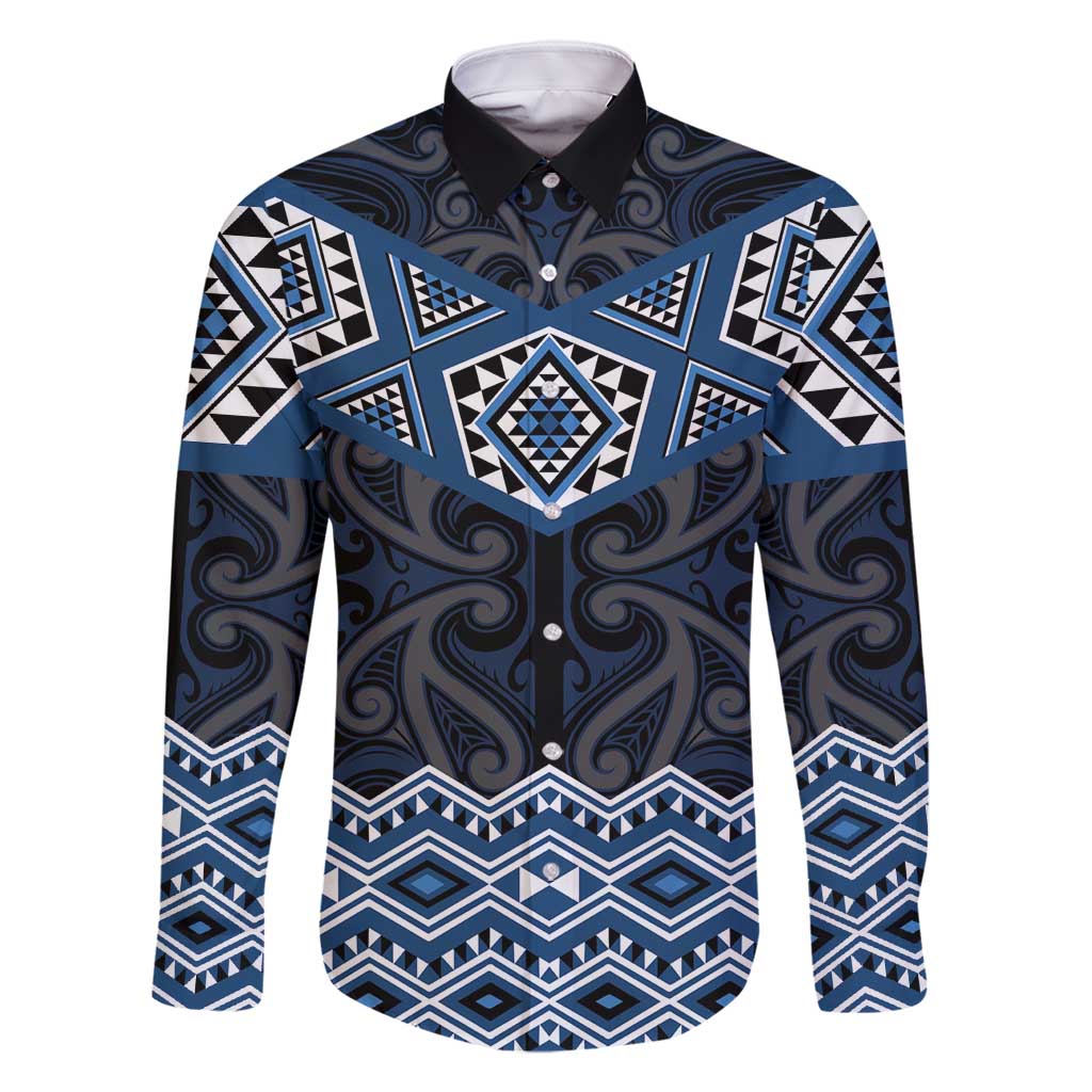 New Zealand Aotearoa Family Matching Mermaid Dress and Hawaiian Shirt Blue Taniko Art Maori Pattern LT05 Dad's Shirt - Long Sleeve Blue - Polynesian Pride