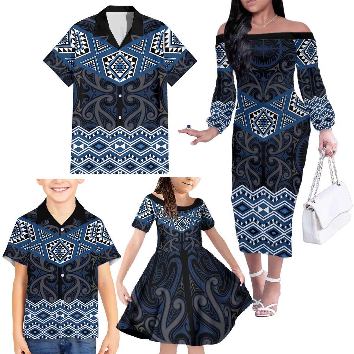 New Zealand Aotearoa Family Matching Off The Shoulder Long Sleeve Dress and Hawaiian Shirt Blue Taniko Art Maori Pattern LT05 - Polynesian Pride