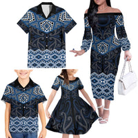 New Zealand Aotearoa Family Matching Off The Shoulder Long Sleeve Dress and Hawaiian Shirt Blue Taniko Art Maori Pattern LT05 - Polynesian Pride