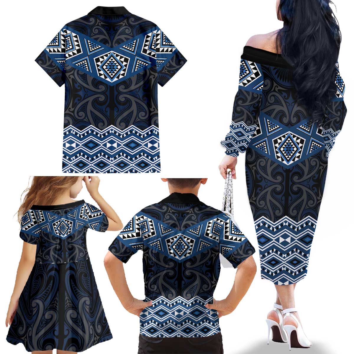 New Zealand Aotearoa Family Matching Off The Shoulder Long Sleeve Dress and Hawaiian Shirt Blue Taniko Art Maori Pattern LT05 - Polynesian Pride