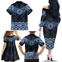 New Zealand Aotearoa Family Matching Off The Shoulder Long Sleeve Dress and Hawaiian Shirt Blue Taniko Art Maori Pattern LT05 - Polynesian Pride