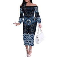 New Zealand Aotearoa Family Matching Off The Shoulder Long Sleeve Dress and Hawaiian Shirt Blue Taniko Art Maori Pattern LT05 Mom's Dress Blue - Polynesian Pride