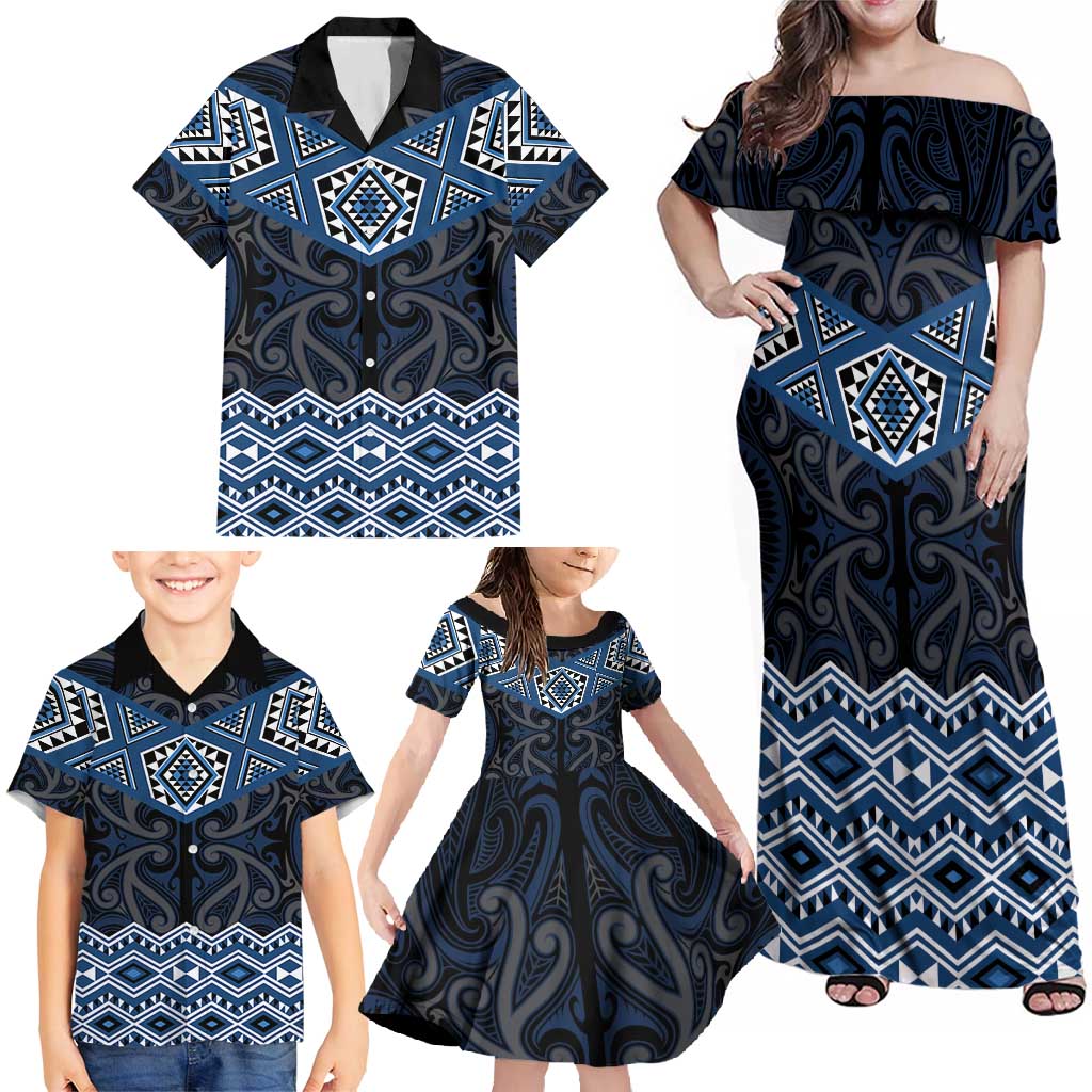 New Zealand Aotearoa Family Matching Off Shoulder Maxi Dress and Hawaiian Shirt Blue Taniko Art Maori Pattern LT05 - Polynesian Pride
