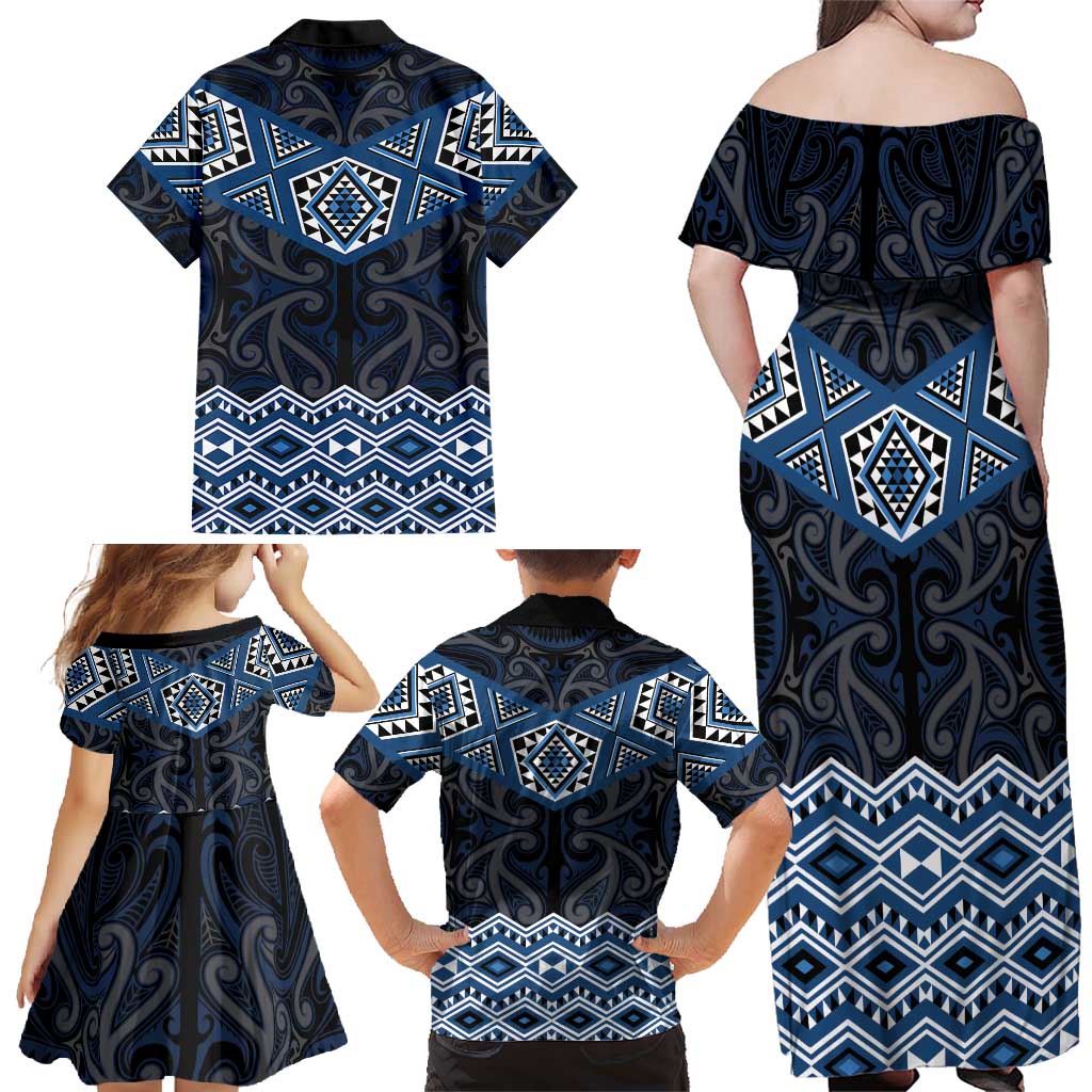 New Zealand Aotearoa Family Matching Off Shoulder Maxi Dress and Hawaiian Shirt Blue Taniko Art Maori Pattern LT05 - Polynesian Pride
