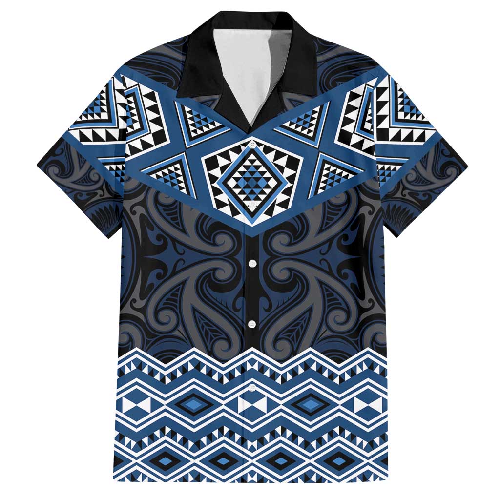 New Zealand Aotearoa Family Matching Off Shoulder Maxi Dress and Hawaiian Shirt Blue Taniko Art Maori Pattern LT05 Dad's Shirt - Short Sleeve Blue - Polynesian Pride