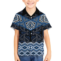 New Zealand Aotearoa Family Matching Off Shoulder Maxi Dress and Hawaiian Shirt Blue Taniko Art Maori Pattern LT05 Son's Shirt Blue - Polynesian Pride