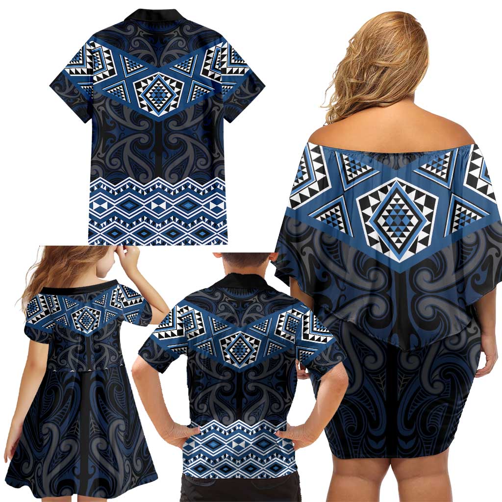 New Zealand Aotearoa Family Matching Off Shoulder Short Dress and Hawaiian Shirt Blue Taniko Art Maori Pattern LT05 - Polynesian Pride