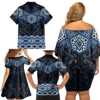 New Zealand Aotearoa Family Matching Off Shoulder Short Dress and Hawaiian Shirt Blue Taniko Art Maori Pattern LT05 - Polynesian Pride